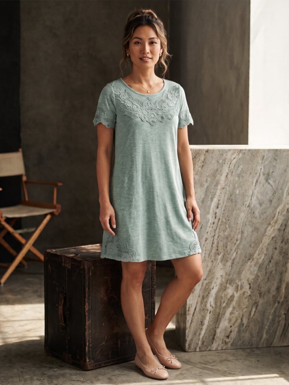 Soft Surroundings Women M Tunic Dress Blue Cotton Modal Embroidered Boho Rare